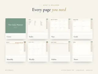 All page types: cover, index, year, goals, monthly, weekly, habits, notes